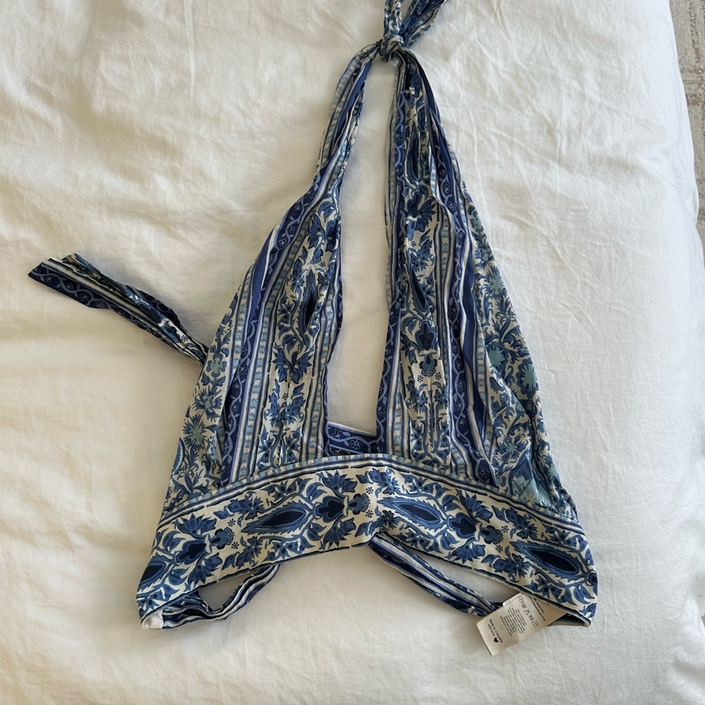 Johanna Ortiz Blue and Cream Floral Top